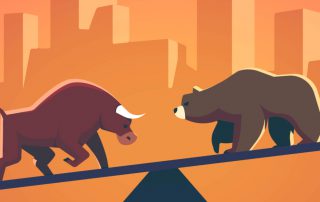 Stock market bulls and bears battle metaphor. Stock exchange trading business concept with city downtown sunset background. Modern fat style vector illustration.