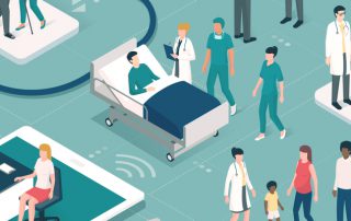 Doctors and nurses taking care of the patients and connecting together: healthcare and technology concept - Vector