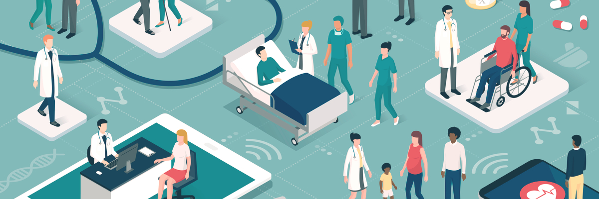 Doctors and nurses taking care of the patients and connecting together: healthcare and technology concept - Vector