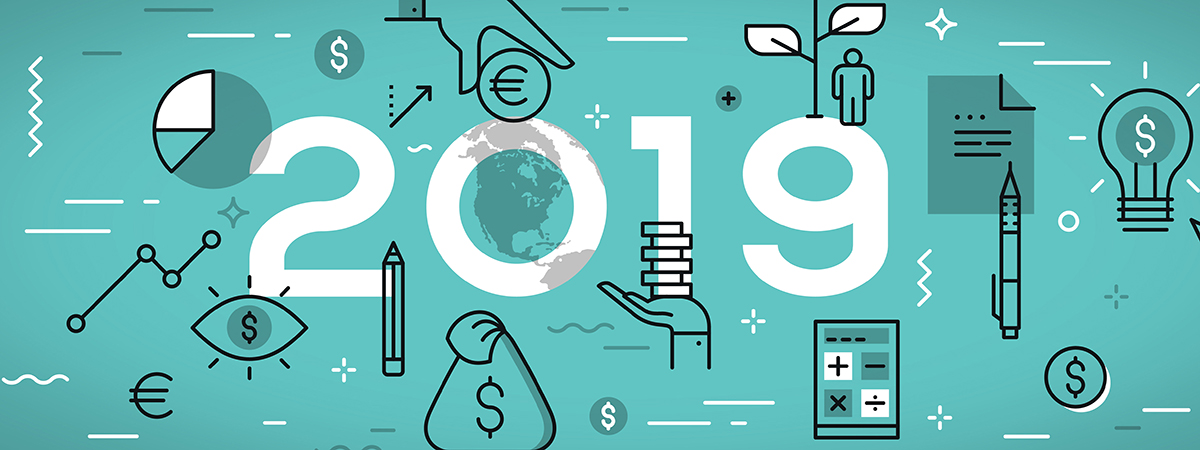 nfographic concept, 2019 - year of opportunities. Trends and prospects in budget planning, money calculation and saving, personal banking. Vector illustration in thin line style