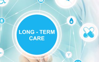 Doctor hand touching LONG TERM CARE sign on virtual screen